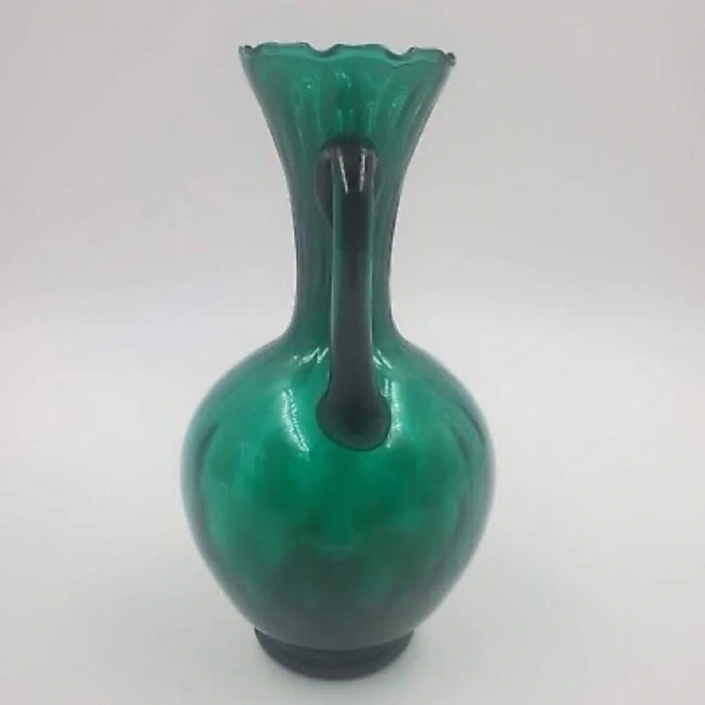 Vintage Empoli Italian Juniper Green Diamond Optic Glass Pitcher Vase 8”